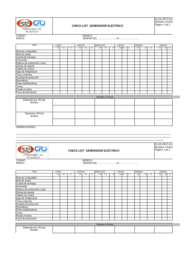 Checklist Semanal Generador Eléctrico | PDF | Vehículo de motor | Vehículos