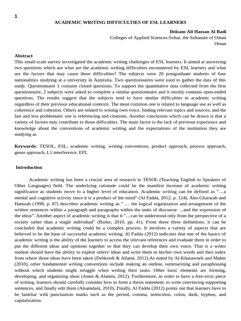 ESL Learners' Academic Writing Challenges | PDF | English As A Second ...