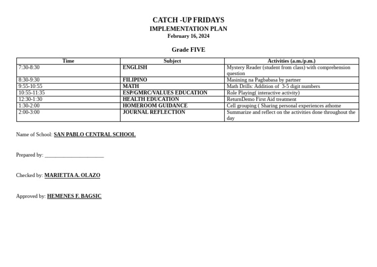 CATCH UP FRIDAYS Implementation Plan FEB 16 | PDF