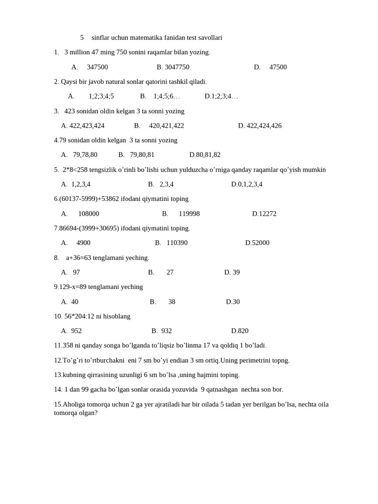 5 Sinf Uchun Matematika Fanidan Test Savollari | PDF