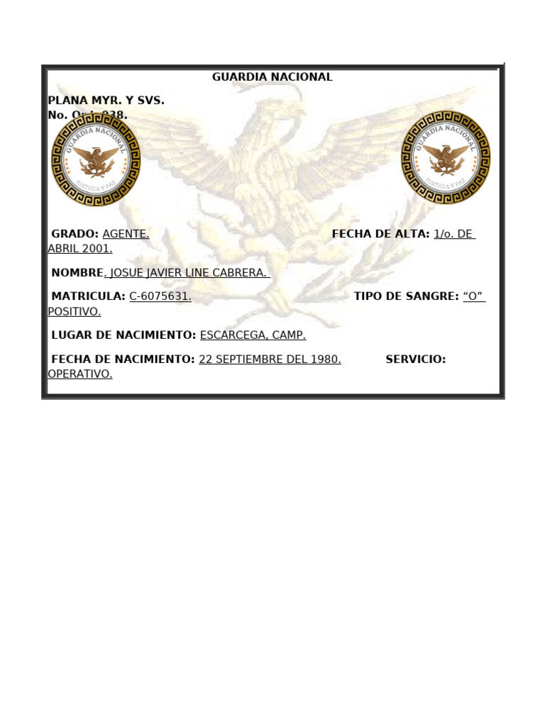 Guardia Nacional: Datos de Agente | PDF