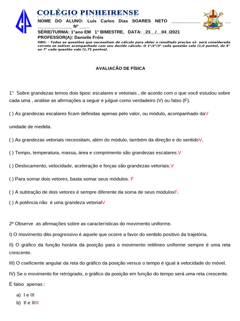 Avaliação de Física 1° Ano EM | PDF | Velocidade | Vetor euclidiano