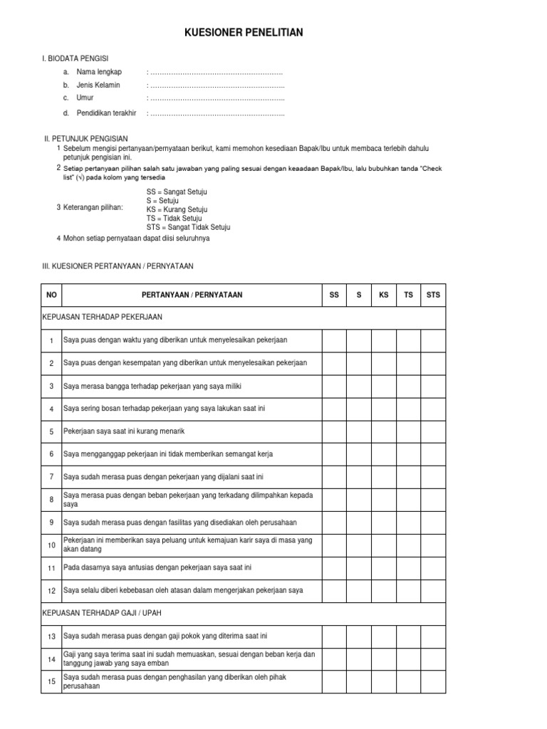 Kuisioner Kepuasan Kerja | PDF