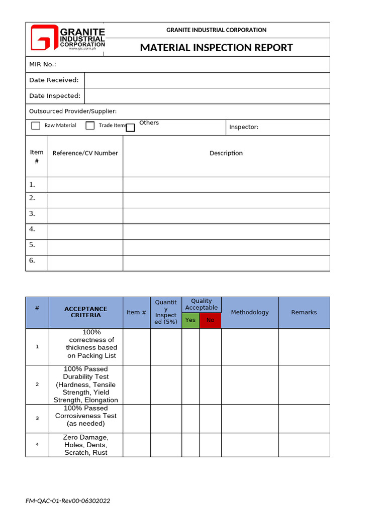 Granite Industrial Corp Material Inspection Report | PDF