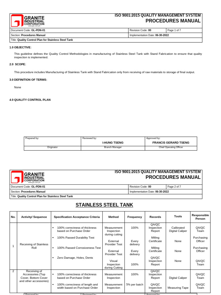 Stainless Steel Tank Quality Control Plan | PDF | Quality Assurance ...