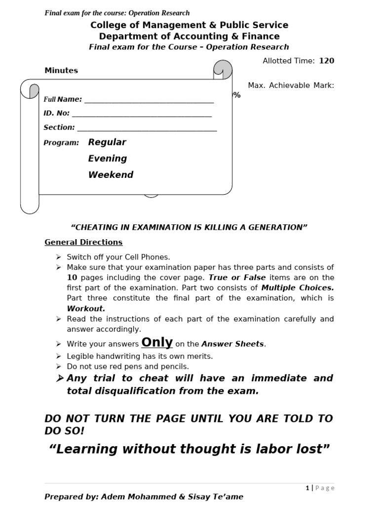 Operation Research Final Exam Guide | PDF | Mathematical Optimization ...