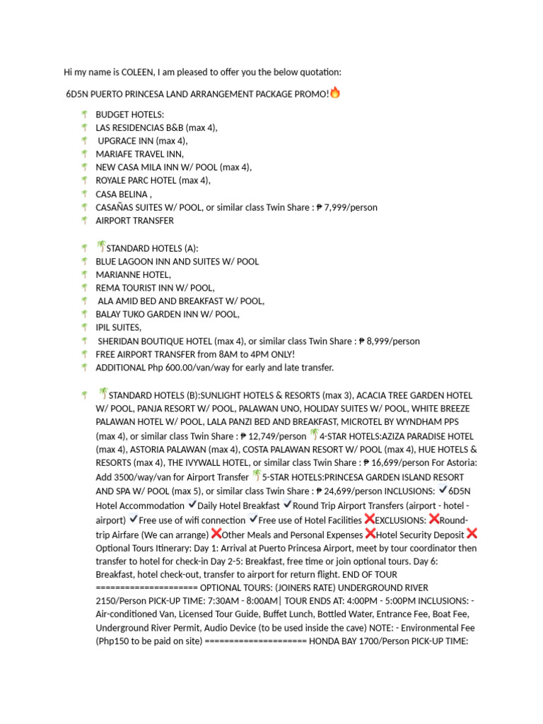 PALAWAN-Itinerary-Sample | PDF | Hotel | Hospitality Industry