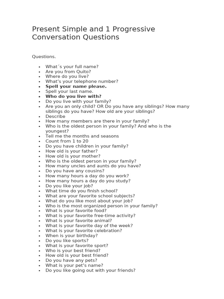 Present Simple & Progressive Conversation Questions | PDF