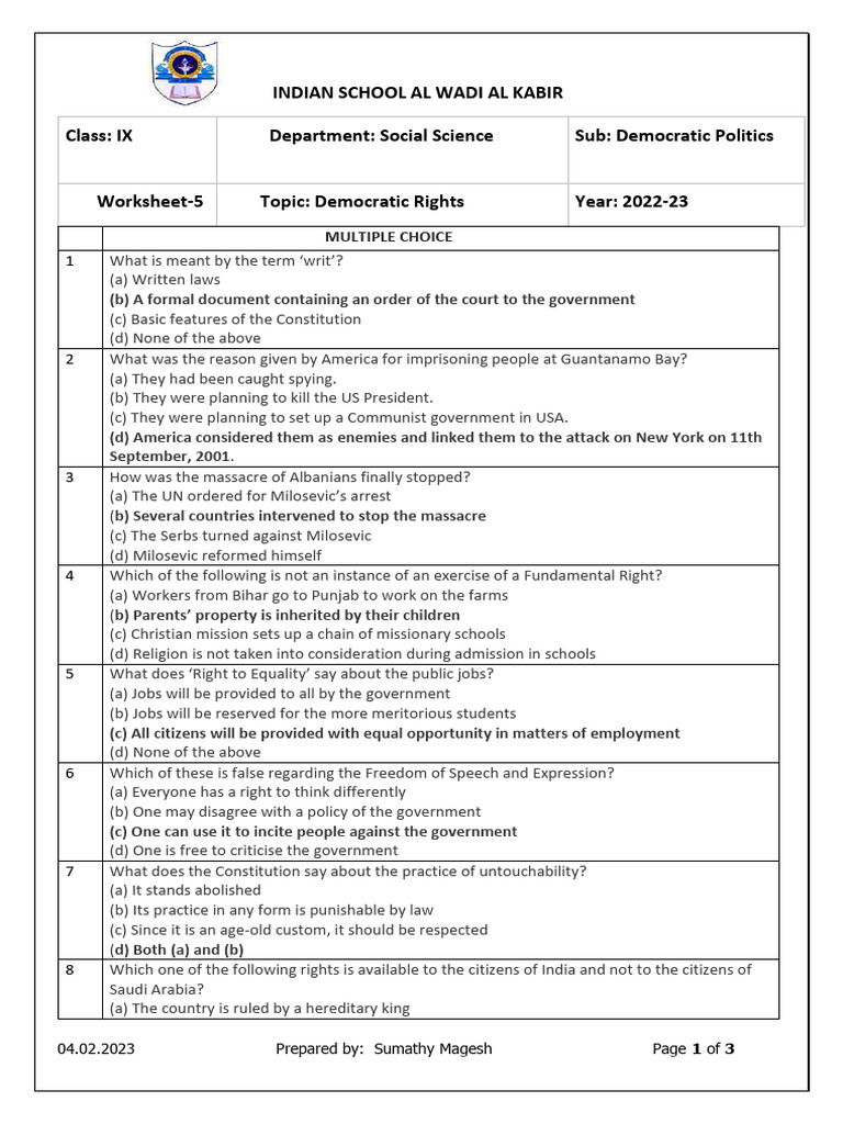 825887-WS. No.5. Class IX Democratic Rights (Civics) Sumathy | PDF ...