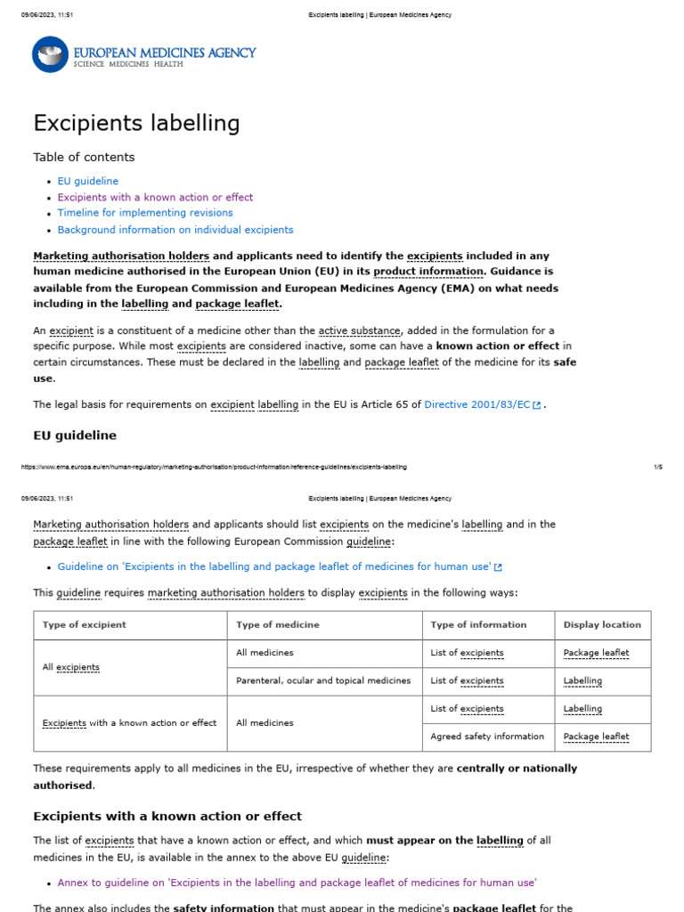 Excipients Labelling Guidelines EU | PDF