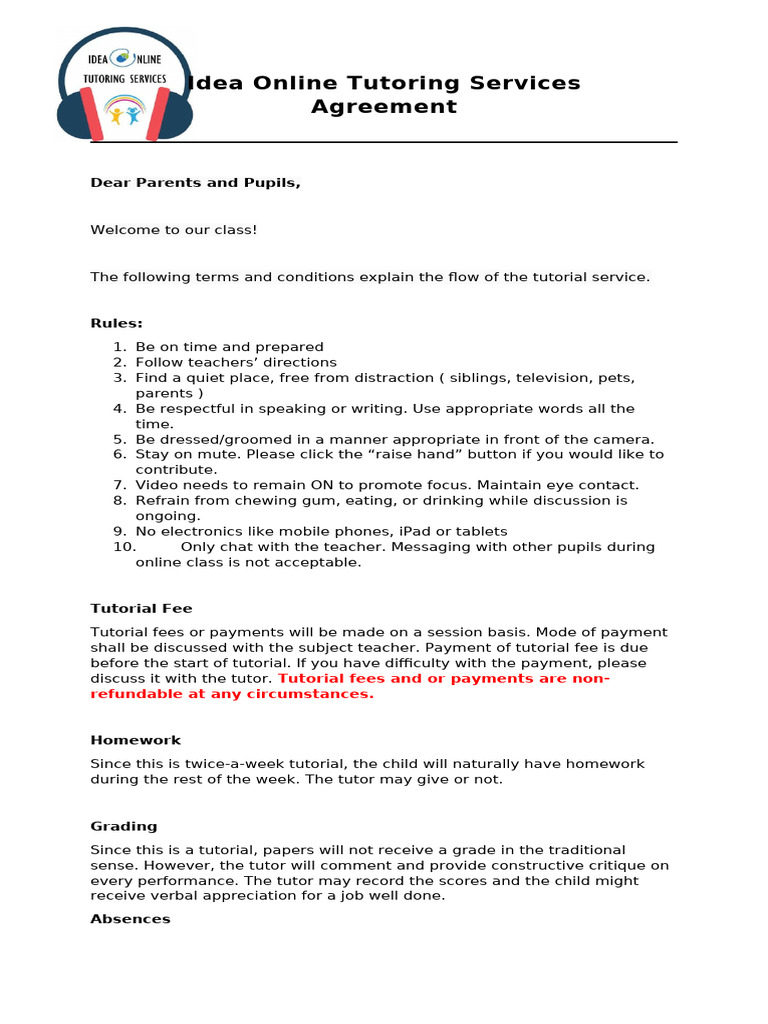 Online Tutoring Agreement Template | PDF