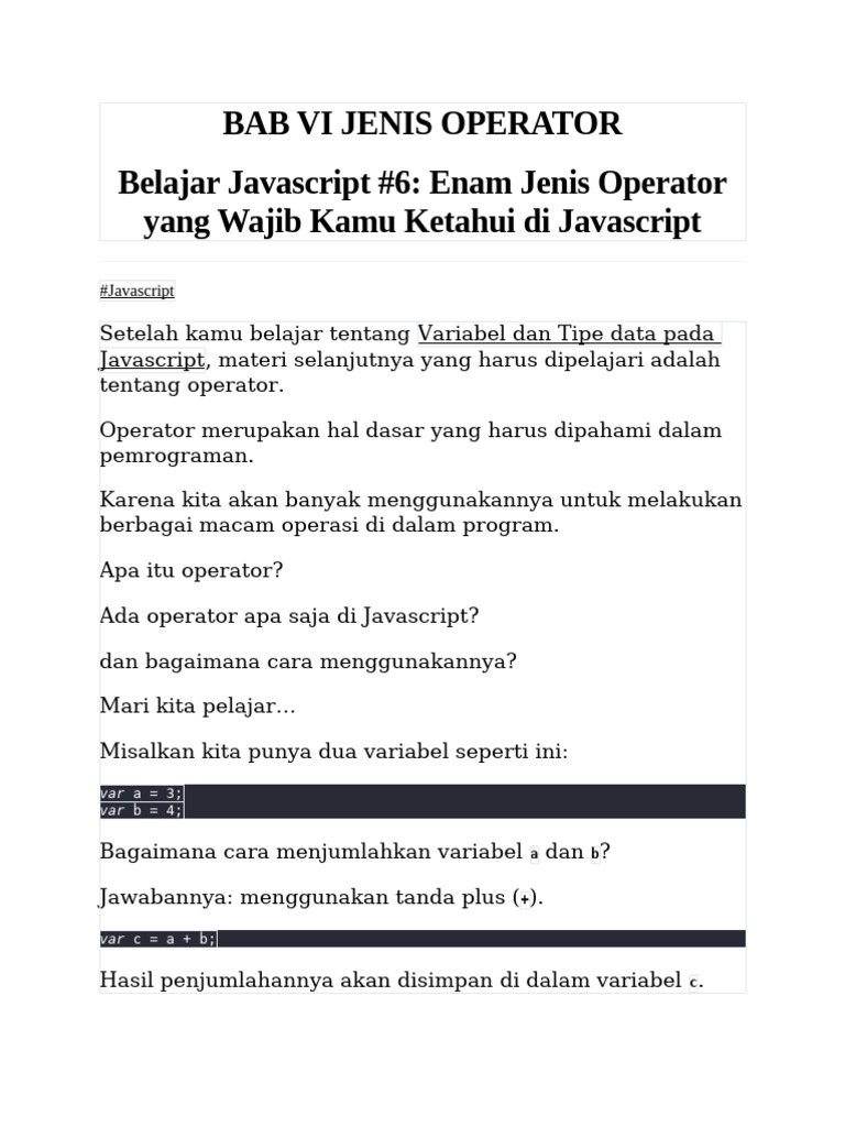 Enam Jenis Operator dalam Javascript | PDF