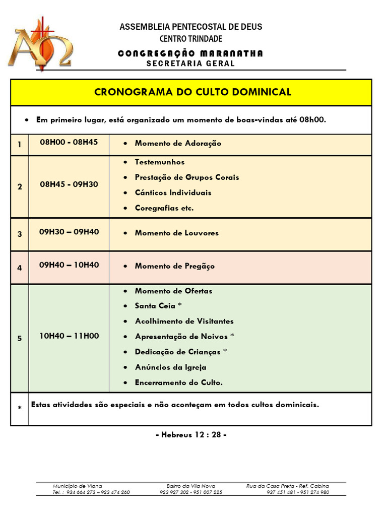 Cronograma do Culto Dominical Maranatha | PDF