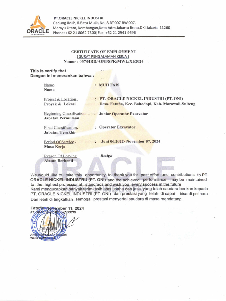 P Kerja PT Oni M Fais20241227 - 12121169 | PDF
