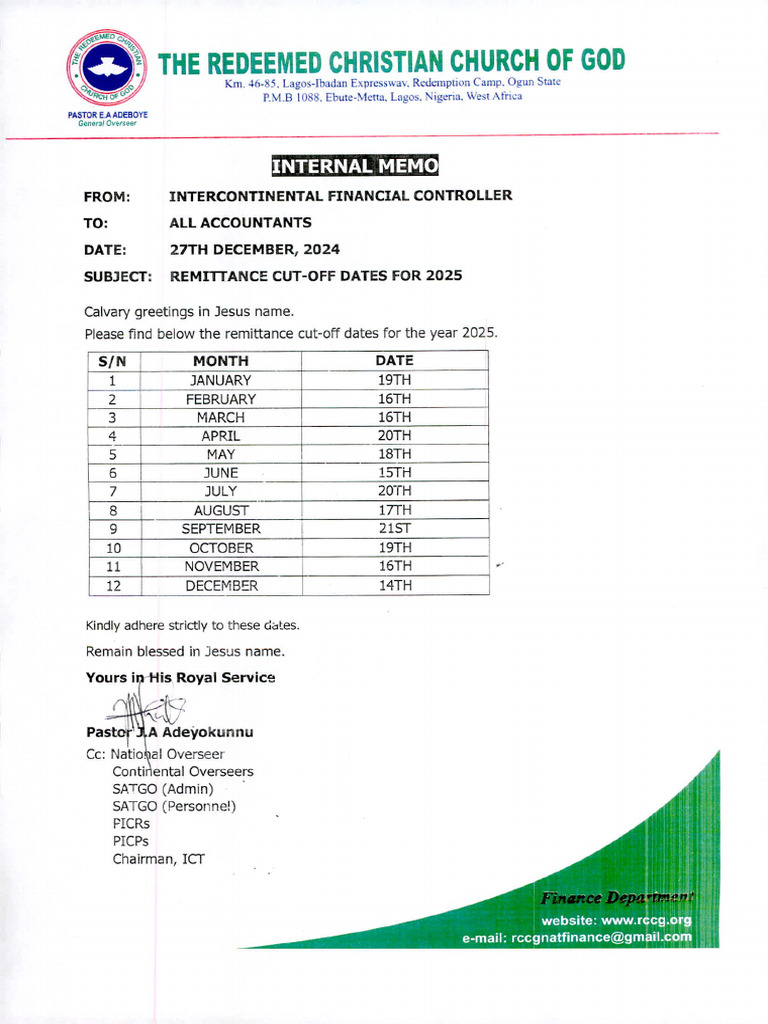 Remittance Cut-Off Dates For 2025. Pastor J.A Adeyokunnu | PDF