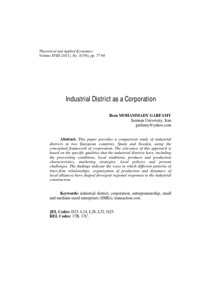 Industrial District As A Corporation Theoretical and Applied Economics