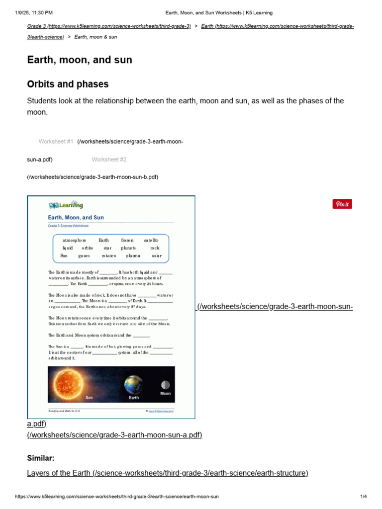 Earth, Moon, and Sun Worksheets - K5 Learning | PDF | Earth | Moon