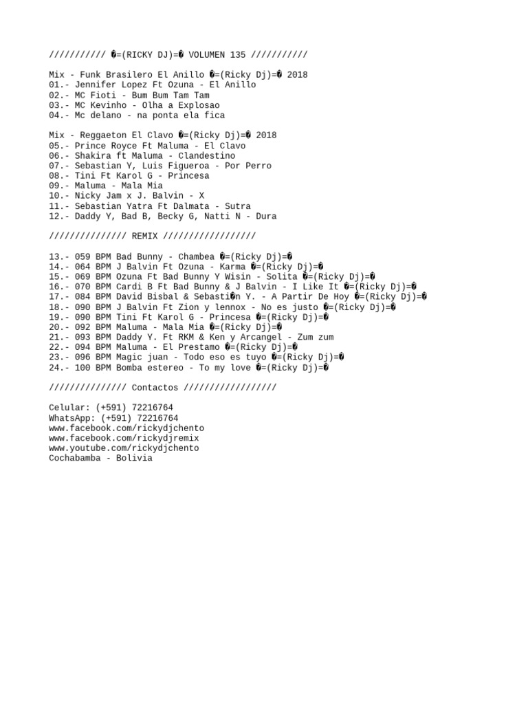 Track List Ricky DJ Volumen 135 | PDF
