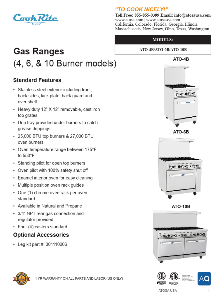 Cookrite Gas Oven Manual and Parts Guide | PDF | Valve | Thermostat