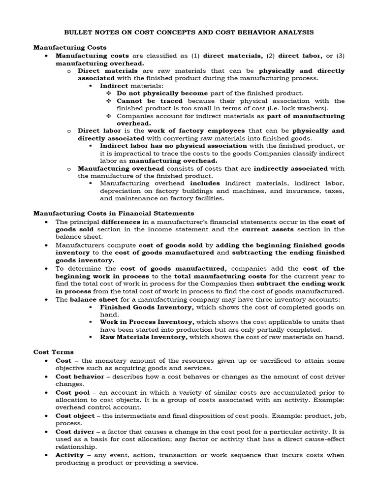 MS BULLET NOTES 2 - Cost Concepts and Cost Behavior Analysis | PDF ...