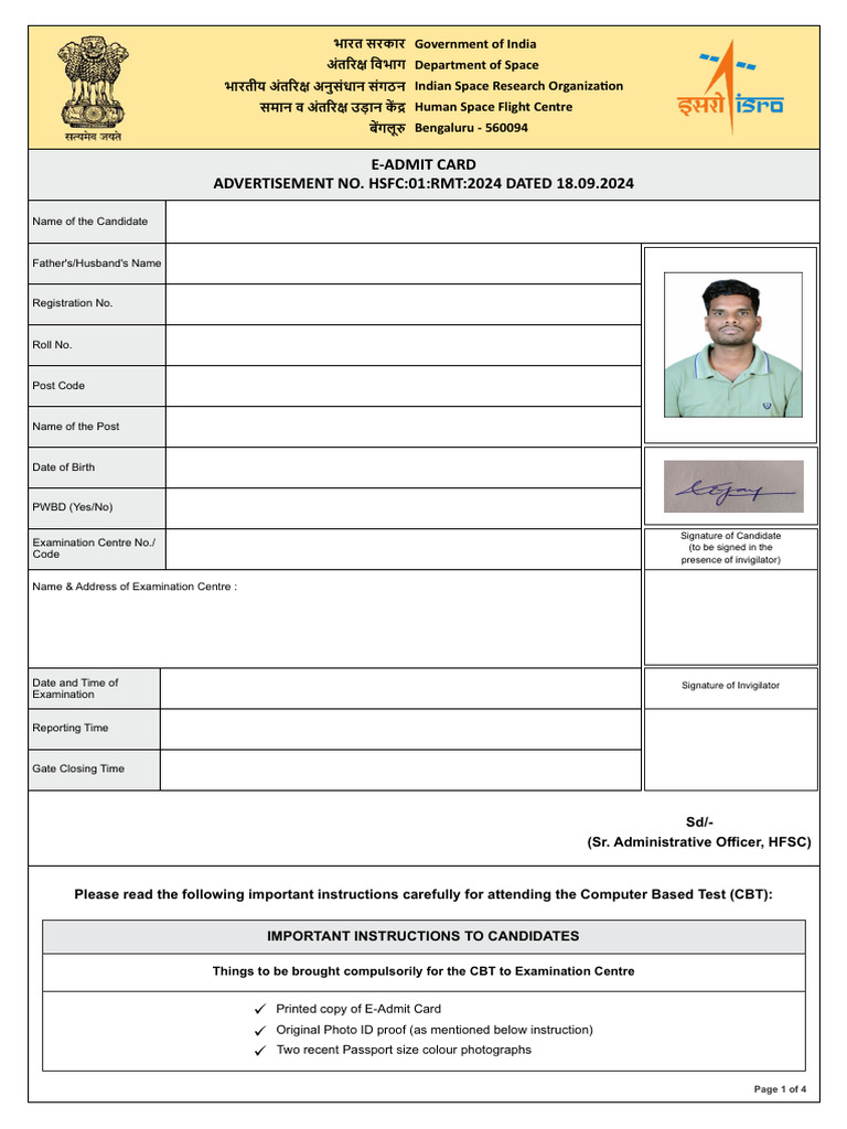 ISRO HSFC 2024 E-Admit Card Instructions | PDF | Identity Document