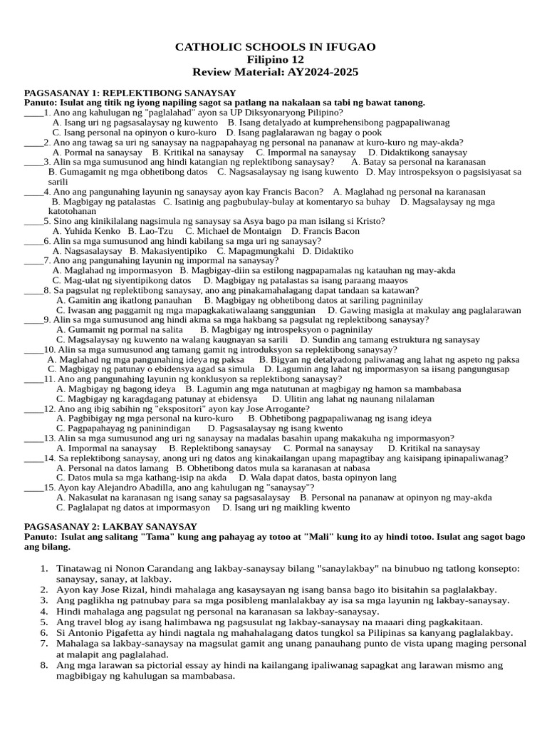 Filipino 12 Review Material Q2 24 25 | PDF