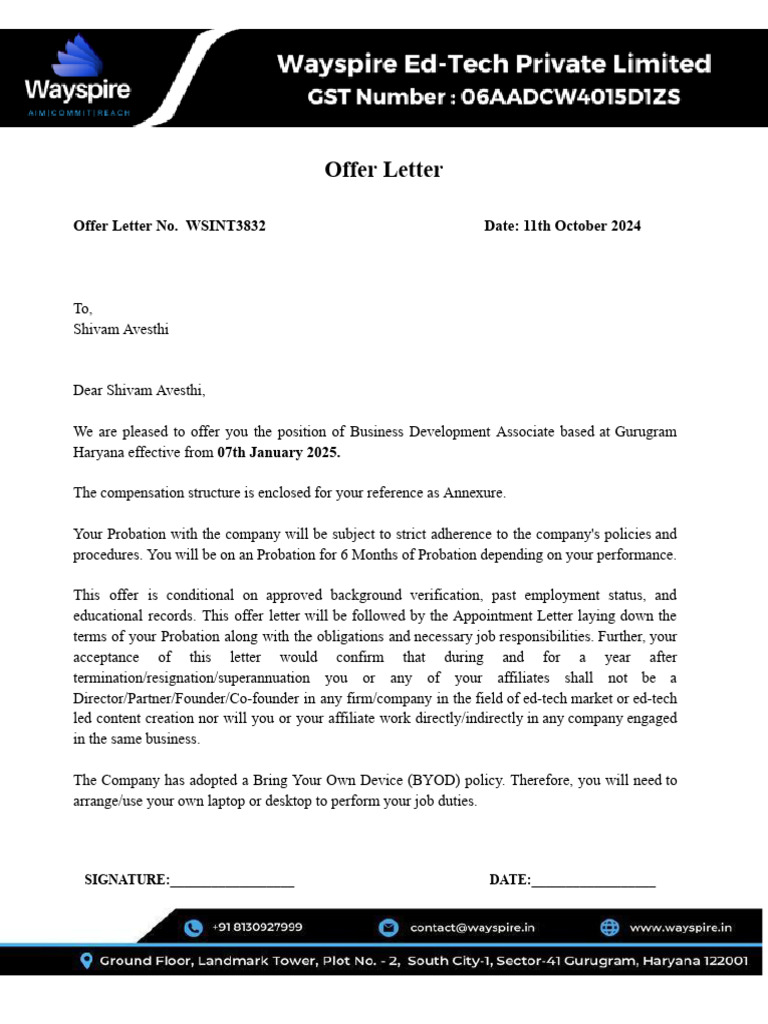 Wayspire Offer LetterShivam Avesthi | PDF | Salary | Employment