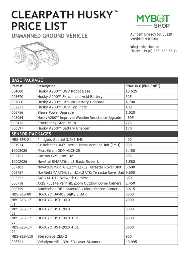 MYBOTSHOP Husky Price List | PDF | Lidar | Robotics
