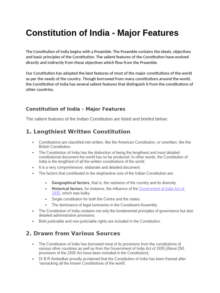 Major Features of the Indian Constitution | PDF | Constitution ...