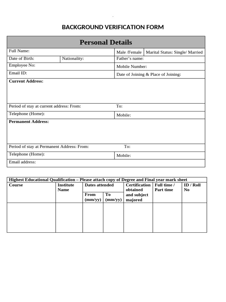Background Verification Form Template | PDF | Temporary Work ...