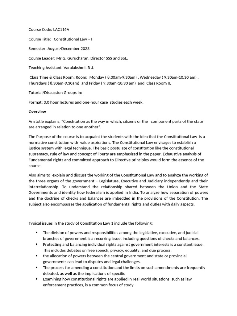 Constitutional Law I Course Overview | PDF | Separation Of Powers ...