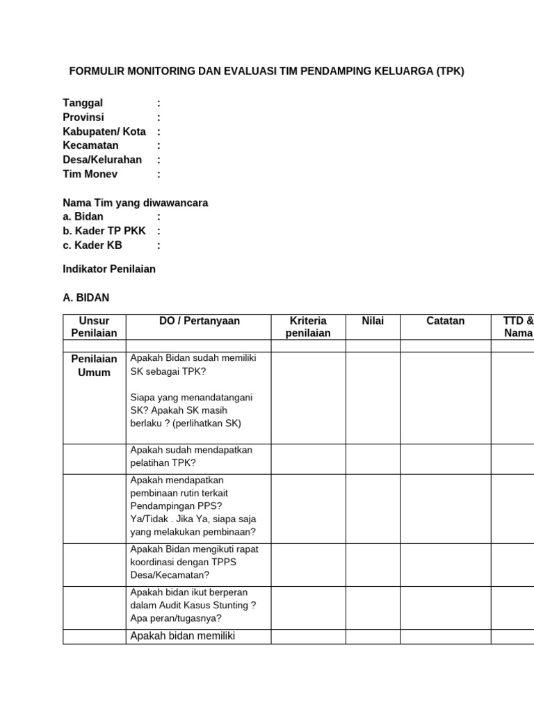 Formulir Evaluasi TPK Keluarga dan Stunting | PDF