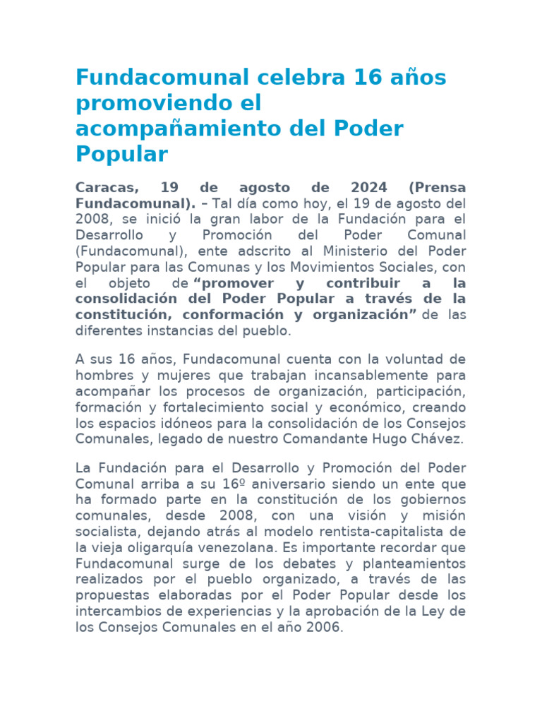 Fundacomunal Celebra 16 Años Promoviendo El Acompañamiento Del Poder ...