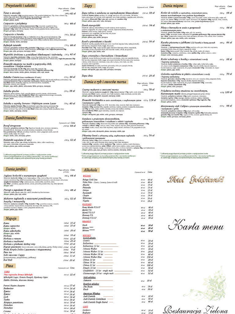 RESTAURACJA ZIELONA Karta Menu Z Alergenami-Polska | PDF