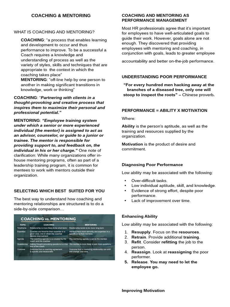 Coaching and Mentoring for Performance Management | PDF | Mentorship | Goal