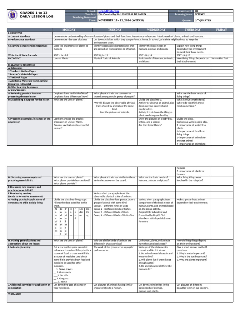 Grade 3 Science Daily Lesson Log | PDF | Learning | Human