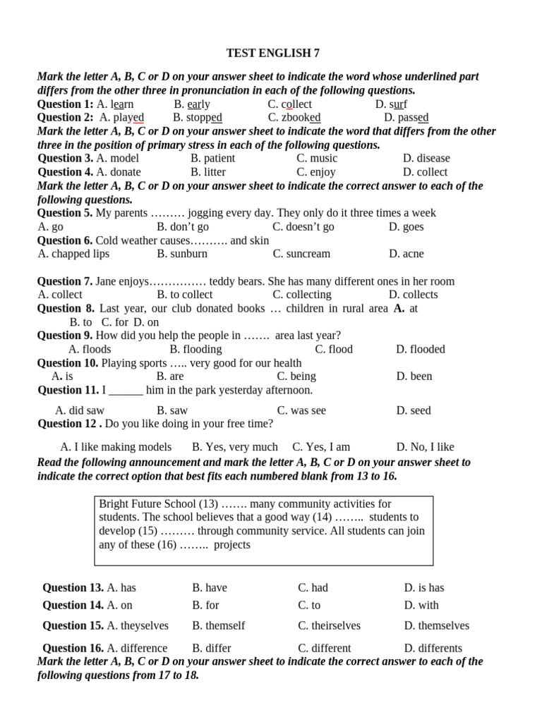 English Test for Grade 7 Students | PDF