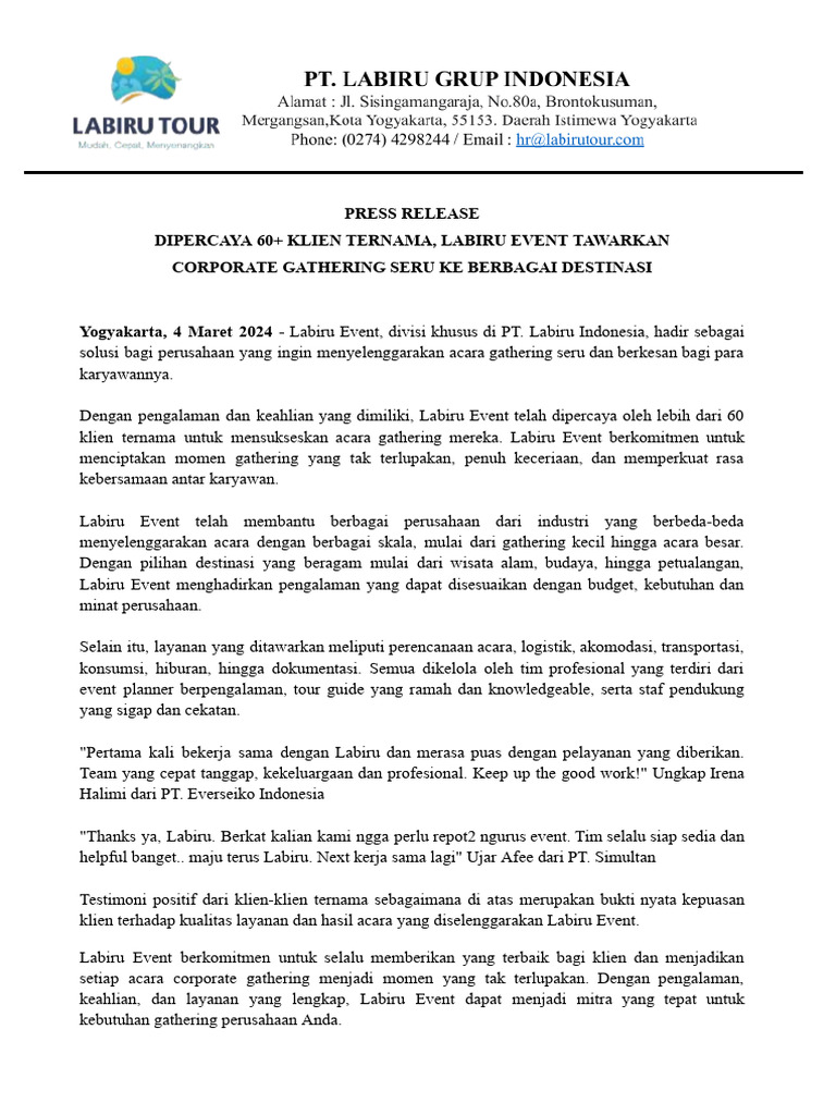 Labiru Event: Solusi Gathering Perusahaan | PDF