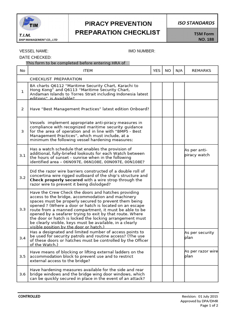 Anti-Piracy Vessel Checklist Form | PDF | Piracy | Ships