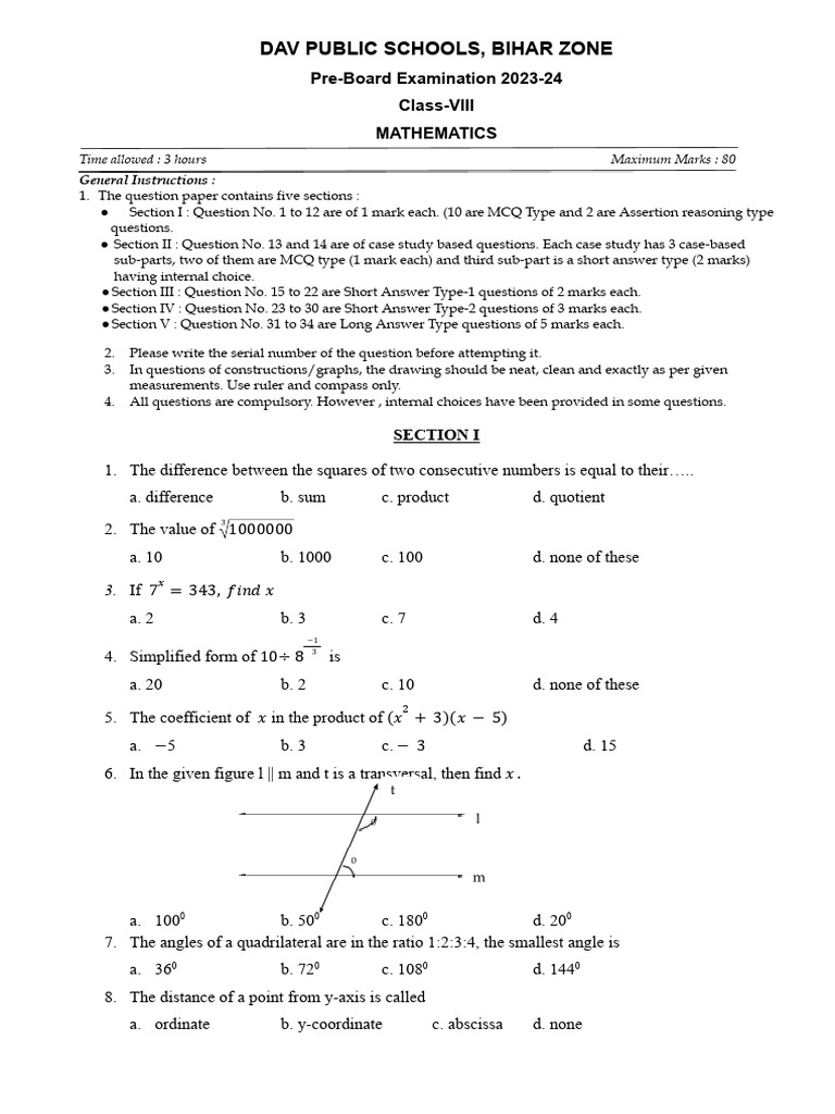 Pre Board 8 2023 24 | PDF | Mathematics | Elementary Mathematics