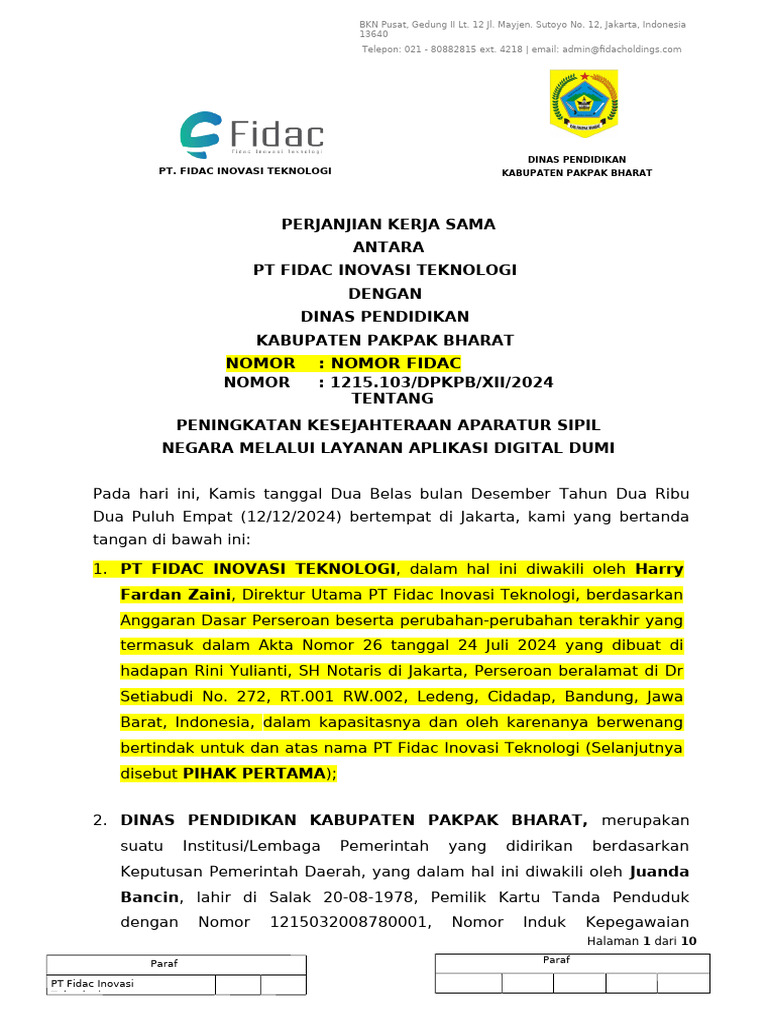 FORMAT PKS UPDATE NASIONAL (Dinas Pendidikan Kab. Pakpak Bharat) | PDF