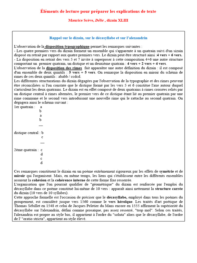 Analyse du dizain de Maurice Scève | PDF | Sonnets | Sujet (Grammaire)