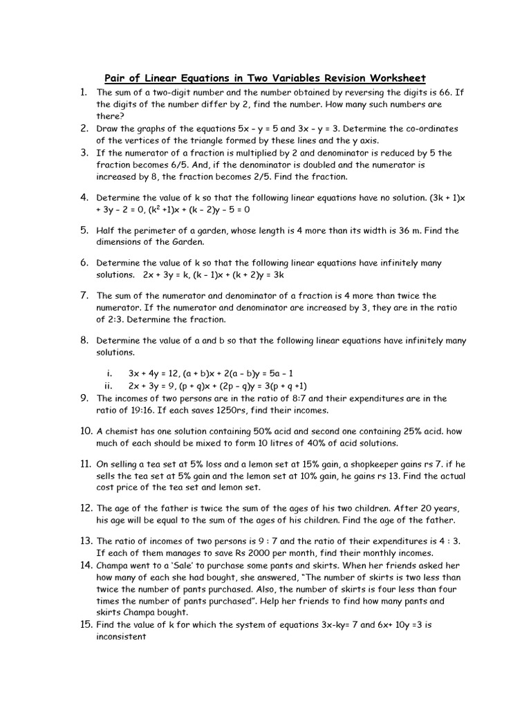 Pair Of Linear Equations In Two Variables Revision 02jan2025 Pdf