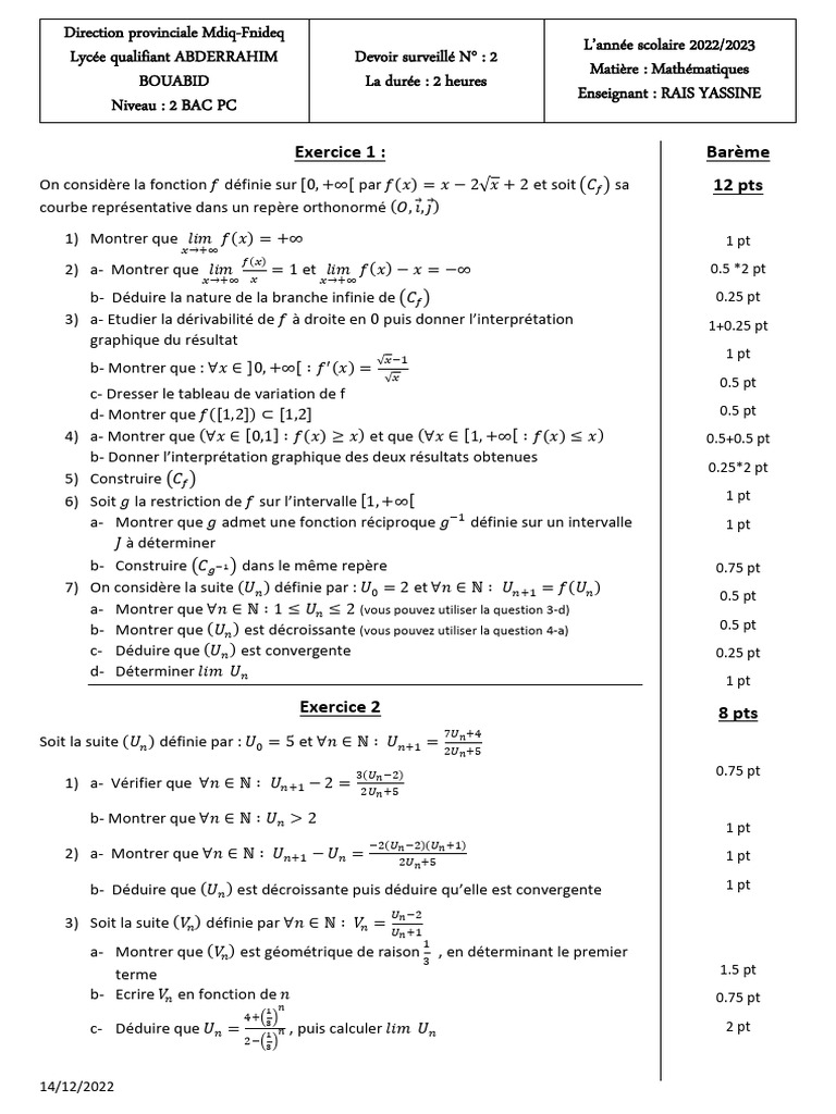 devoir surveillé 2 bac pc biof 2 | PDF | Mathématiques | Concepts ...