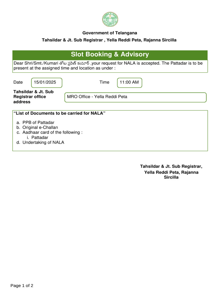 Slot Booking Advisory For Nala | PDF