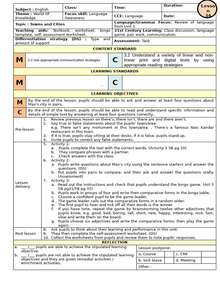 Towns and Cities Language Lesson Plan | PDF | Communication | Human ...