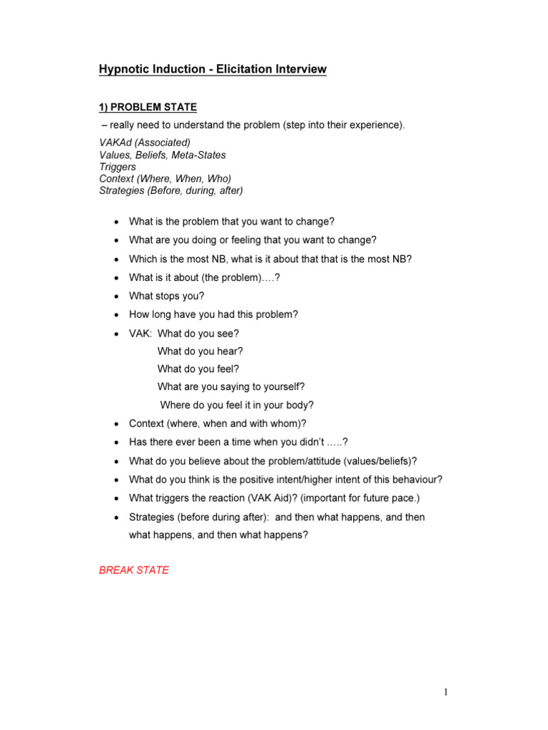 Hypnosis - Elicitation of Problem and Desired State | PDF | Intention ...