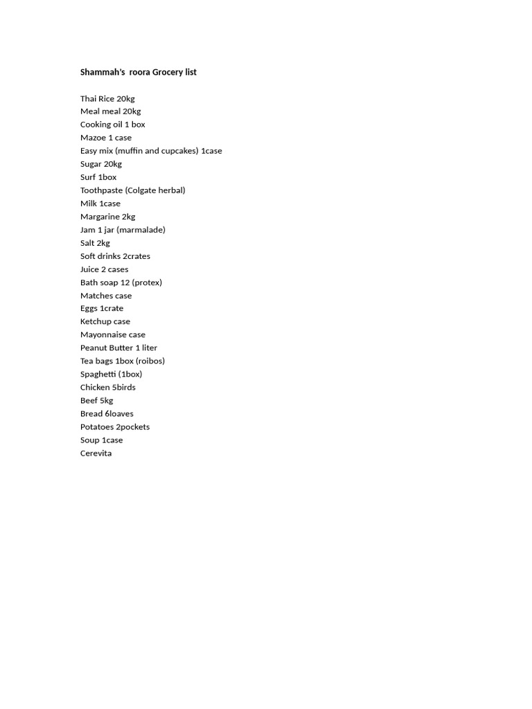 Shammah's 2023 Roora Grocery List | PDF