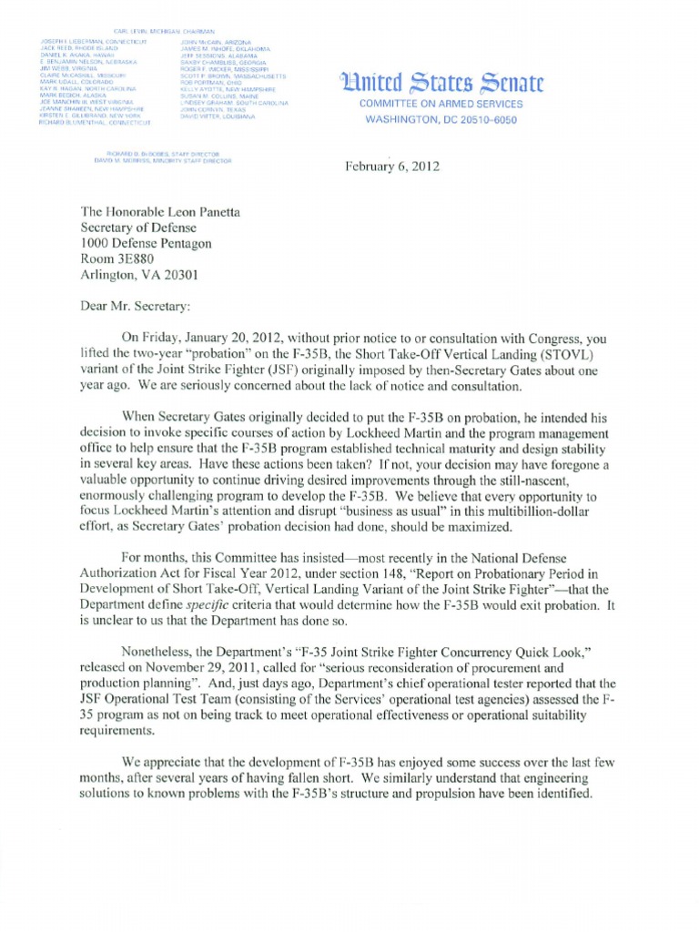 Senate F-35 Letter To Dod | PDF | Language Arts & Discipline | Foreign ...