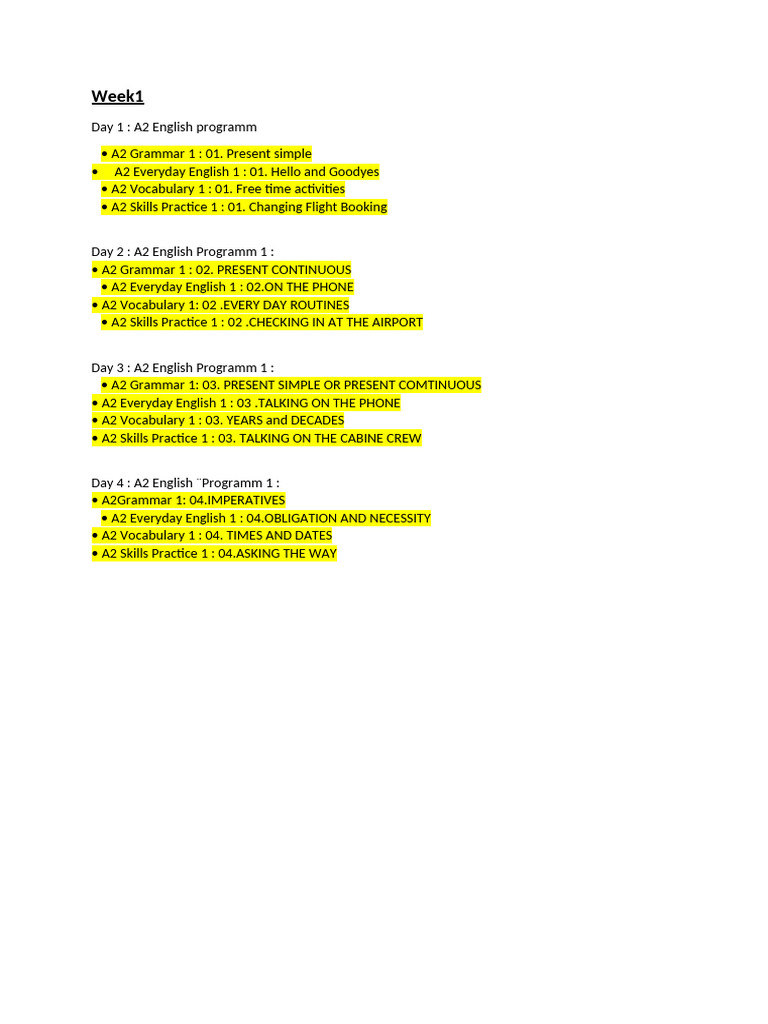 A2 English Program Weekly Lessons | PDF | English Language | Noun